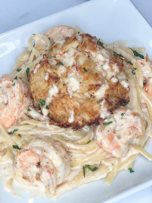 Baked Crab Cake and Shrimp Pasta